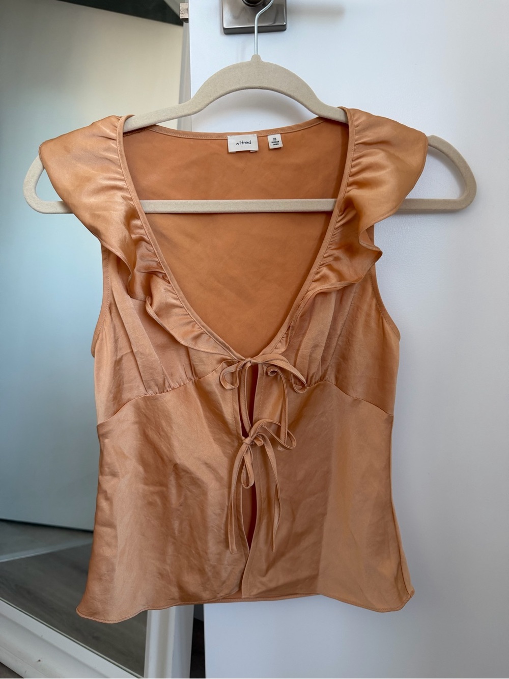 Aritzia Tonka Satin Tie-Front Ruffle Blouse - Amber - Picture 2 of 3